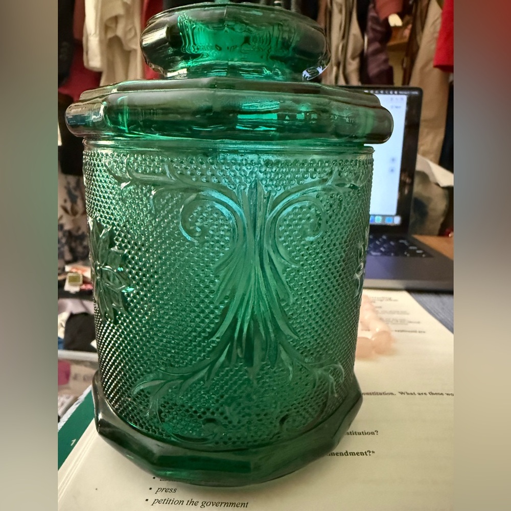 Vintg.Emerald Green TIARA cookie jar canisters 7.5” tall.  Great condition.
